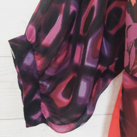 Fig & Flower Womens Shirt M Magenta Red Colorful Tie Front Button Up Sheer - Picture 2 of 7